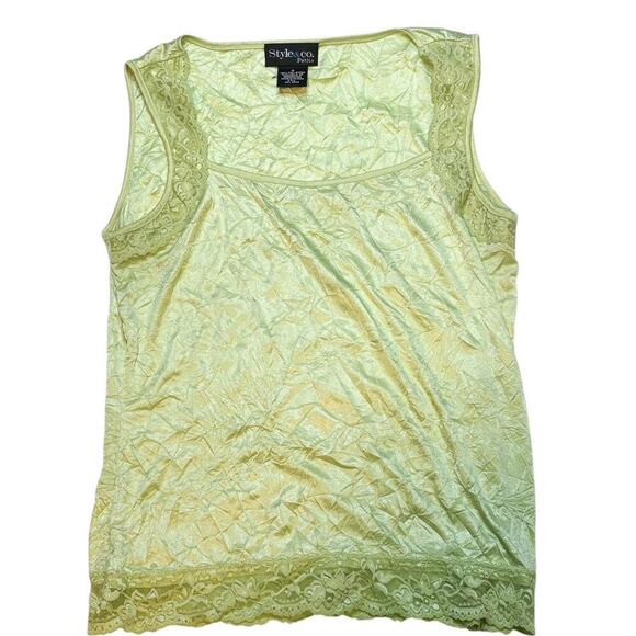 Style & Co. Petite Light Green Tank Top with Delicate Lace Trim Wrinkled Texture - Picture 1 of 5